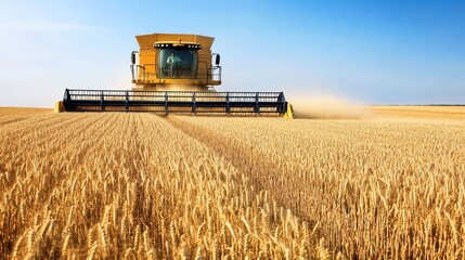 Obraz premium A modern combine harvester working in a vast wheat field against a bright blue sky, symbolizing agricultural productivity.
