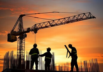 Silhouettes of construction workers at a site during sunset with excavator and crane in the background, building structure under golden hour light.