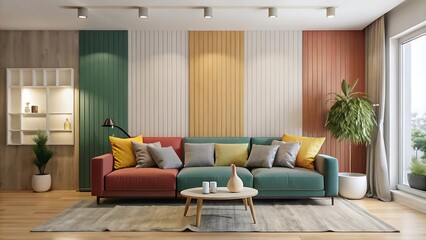 Minimalist Interior Design of Modern Living Room With Colorful Multicolored Sofa