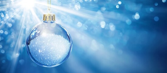 Transparent glass Christmas tree ornament with snow inside, glowing blue light particles in the background, magical and festive atmosphere.