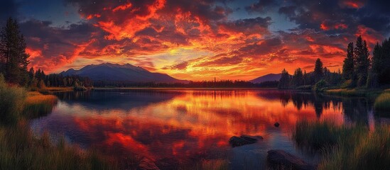 Obraz premium A vibrant sunset over a tranquil lake, reflecting fiery clouds and a mountain range in the distance.
