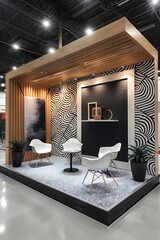 Modern exhibition booth featuring stylish furniture and artistic wall design.