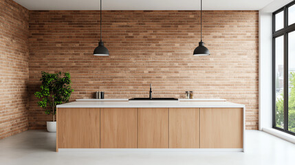 Modern kitchen interior with wooden cabinetry, stylish pendant lamps, and large windows overlooking greenery