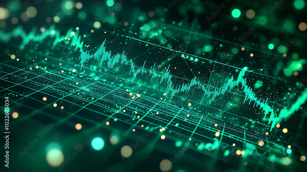 Poster abstract digital green data grid with glowing lights and a chart of financial statistics in the cent