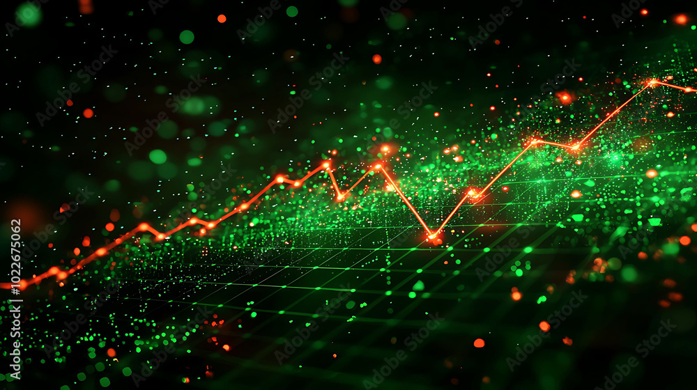 Poster abstract glowing line graph with red dots representing growth or success on green background.