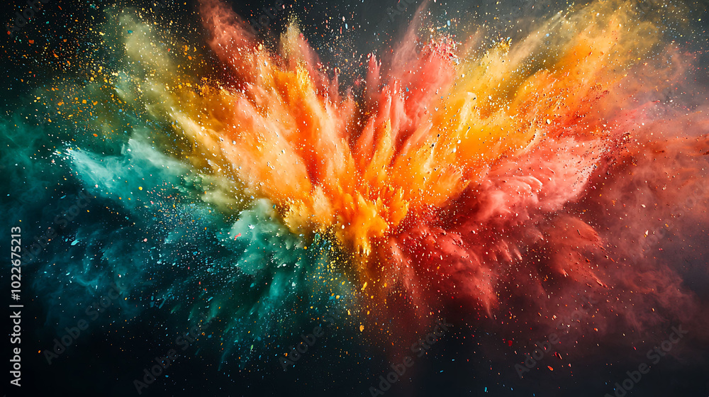 Poster a vibrant explosion of colored powder creating a dynamic, abstract pattern against a dark background