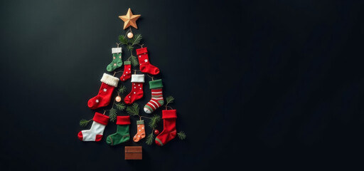 Top view decorative Christmas tree made of colored socks with New Year decorations. Monochrome dark green background, copy space. Creative concept, advertising banner, card