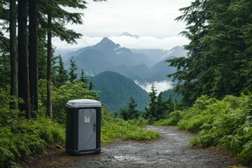 portable toilet stands near the edge of a well-trodden hiking path, surrounded by nature