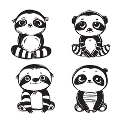 Set of Sloth vector illustration in black and white - Baby Sloth animal Clipart Design  
