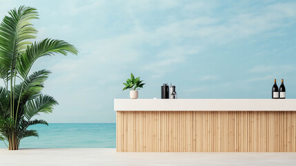 Serene beach bar scene with wood counter, tropical plants, and ocean backdrop. Ideal for travel, leisure, or vacation themes showcasing relaxation and coastal beauty.
