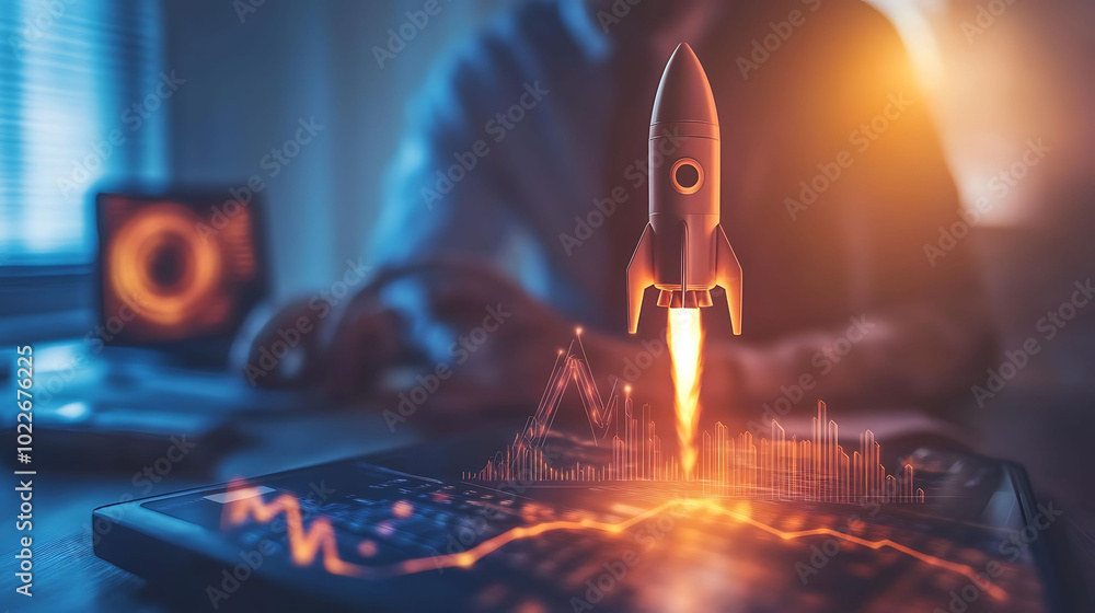 Poster a small rocket taking off from a computer keyboard, representing a business or project launch, with 
