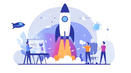 A team of three people stand near a rocket launching into space, with a whiteboard showing a graph of increasing success behind them.