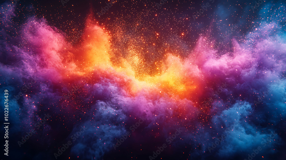 Poster abstract colorful nebula with glowing particles and a gradient from red to yellow.
