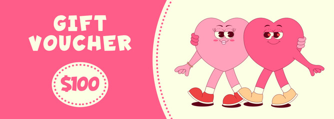 Vintage love gift voucher template. Cute walking couple hearts character in retro groovy style. Flat vector illustration, banner, horizontal flyer