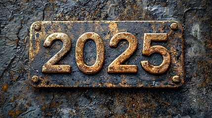 The year 2025 is embossed on a rusty metal plate.