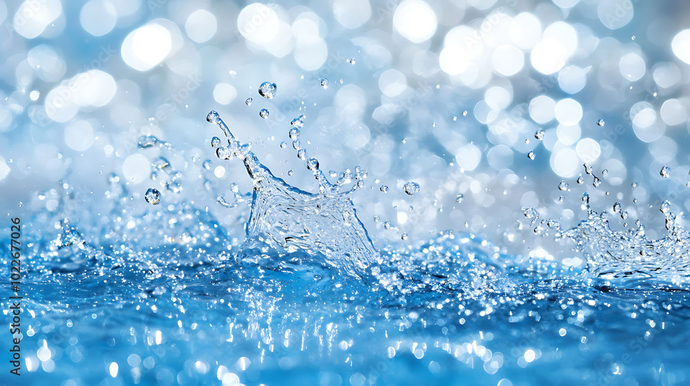 Poster close-up of a water splash with bokeh background.