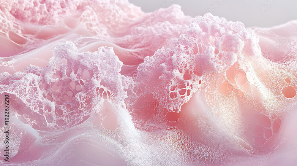 Poster a close-up abstract image of delicate pink and white foam, featuring intricate textures and patterns