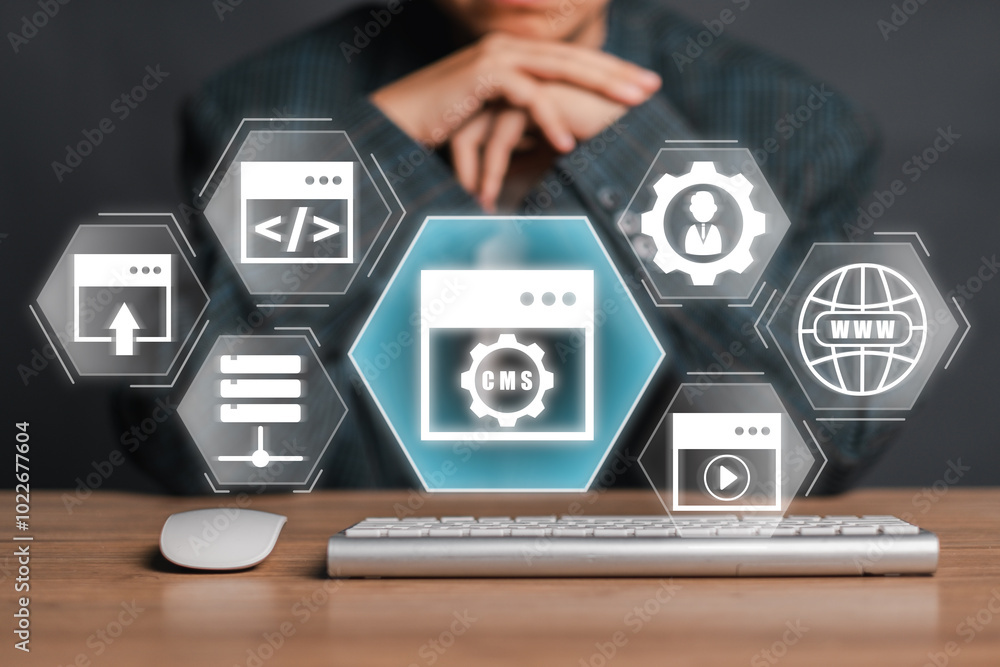Poster a businessman with digital interface icons representing a content management system, showcasing mode