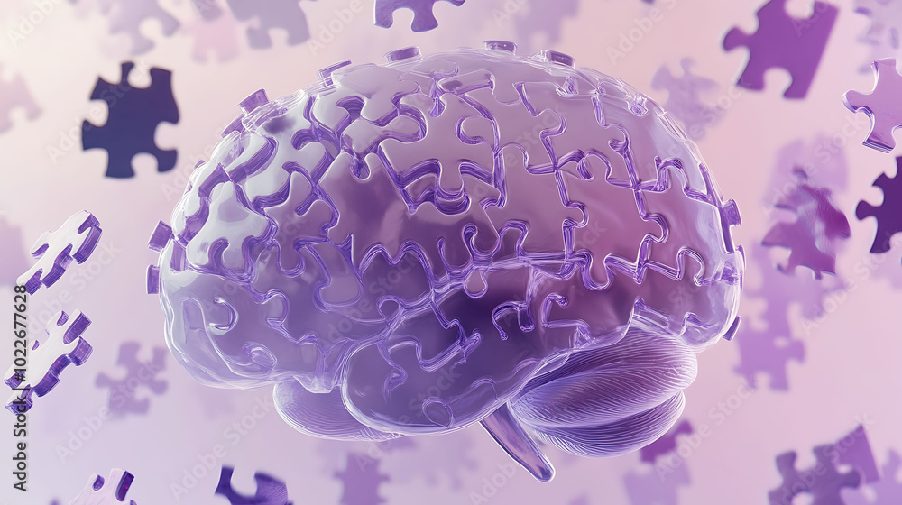 Poster a 3d rendering of a human brain made up of puzzle pieces.