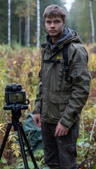 Young man in green jacket, standing in a forest with a camera on a tripod, taking photos of wildlife.