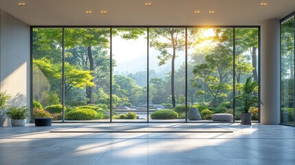Modern interior with large windows showcasing a serene garden view.