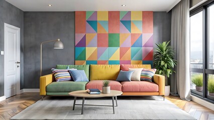 Minimalist Interior Design of Modern Living Room With Colorful Multicolored Sofa
