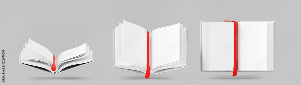 Wall mural 3d open book with blank paper pages and red bookmark isolated render icon. mockup of diary or notebo