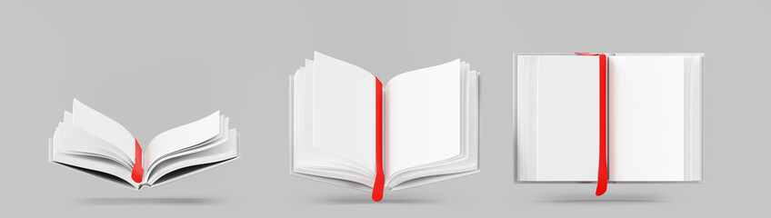 3d open book with blank paper pages and red bookmark isolated render icon. Mockup of diary or notebook with white cover in different angles. Literature for reading or school education. 3D illustration