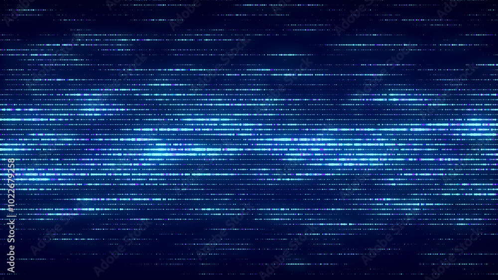 Poster flow of blue shimmering particles. glowing dynamic halftone sound wave. vector illustration.