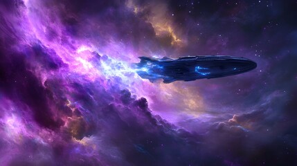 Spacecraft Emerging from Vibrant Cosmic Cloud with Mystical Ethereal Energy in the Universe