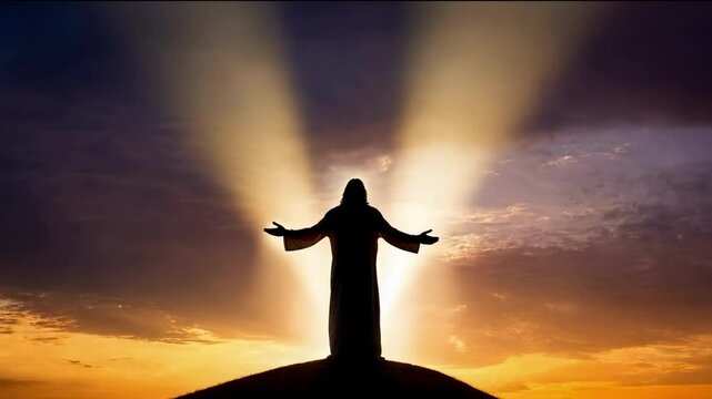 Jesus is portrayed as a silhouette on a hilltop, with the sun and clouds creating a striking background. This representation embodies the dreams or visions associated with a prophet