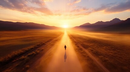 A person shadow stretches long on a dusty road, illustrating the journey of self discovery and exploration.