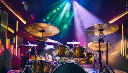 Obraz premium A shiny set of cymbals positioned on a drum kit.