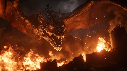 Fototapeta premium A majestic and fearsome dragon roaring and breathing fire, surrounded by blazing flames and debris