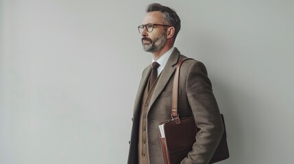 Fototapeta premium Happy and confident English man with a dark brown document case in his hand against White wall waiting in formal dress in office environment , Best Job Candidate