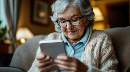 Older Granny Using Smartphone on Couch