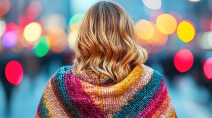 A woman with wavy hair wearing a colorful shawl stands with her back to the camera, surrounded by vibrant, blurred city lights.