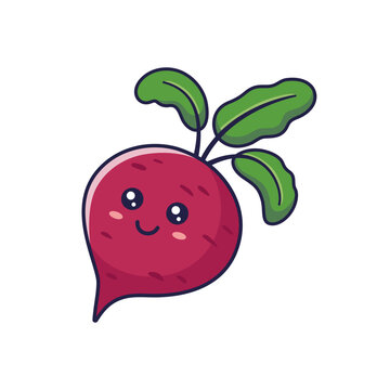 Cute Kawaii beet root cartoon icon illustration. Food vegetable flat icon concept isolated on white background. Beet root character, mascot in Doodle style.