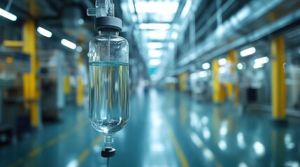 A close-up view of an IV drip bag hanging from a metal stand, with the tubing leading down to a connector. The focus is on the clear fluid inside the bag and the sterile, transparent tubing copy space