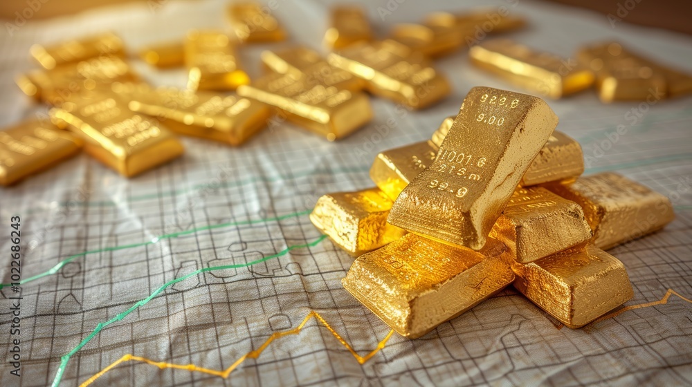 Poster pile of shiny gold bars resting on dark fabric background with stock graph chart, symbolizing wealth