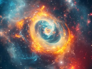 Obraz premium Cosmic Geometric Mandala Formed from Swirling Galaxies and Stars in Vibrant Celestial Explosion