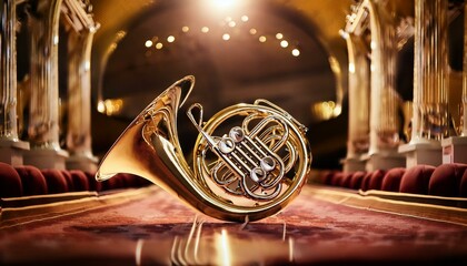 A gleaming French horn, its coils perfectly polished.