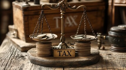 A set of balancing scales with "TAX" written on one side and stacks of money, coins, or wealth symbols on the other. 