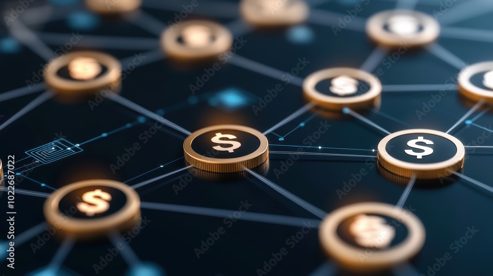 Aufkleber digital currency network with interconnected dollar symbols on a dark background, representing finan