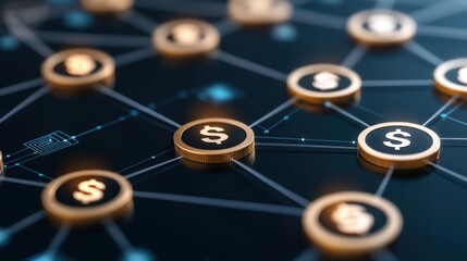 Digital currency network with interconnected dollar symbols on a dark background, representing financial technology and blockchain innovations.