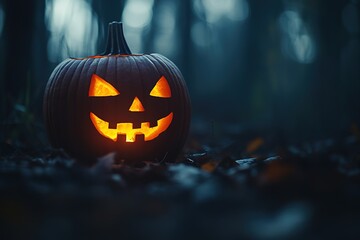 Spooky glowing pumpkin in dark forest setting