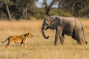 A young lion cub faces off against a curious baby elephant in the African savanna.