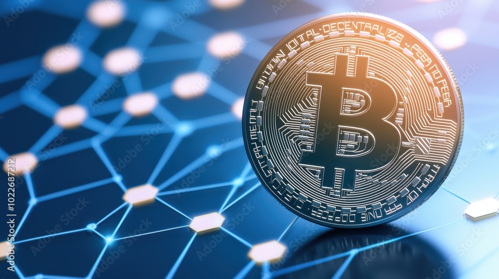 Aufkleber close-up view of a bitcoin on a digital background representing blockchain technology. ideal for cry