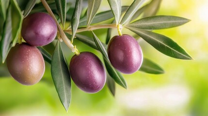 Fresh olives hanging from a branch against a soft blurred background, showcasing the rich colors and textures of this Mediterranean fruit.