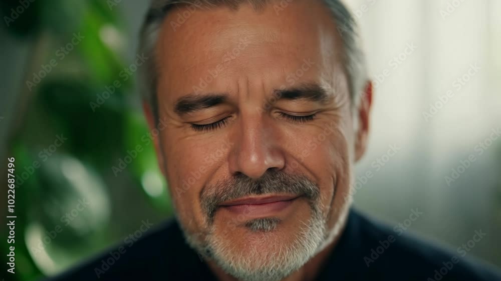 Poster close-up of a middle-aged bearded man expressing relief with soft, diffused light and static camera